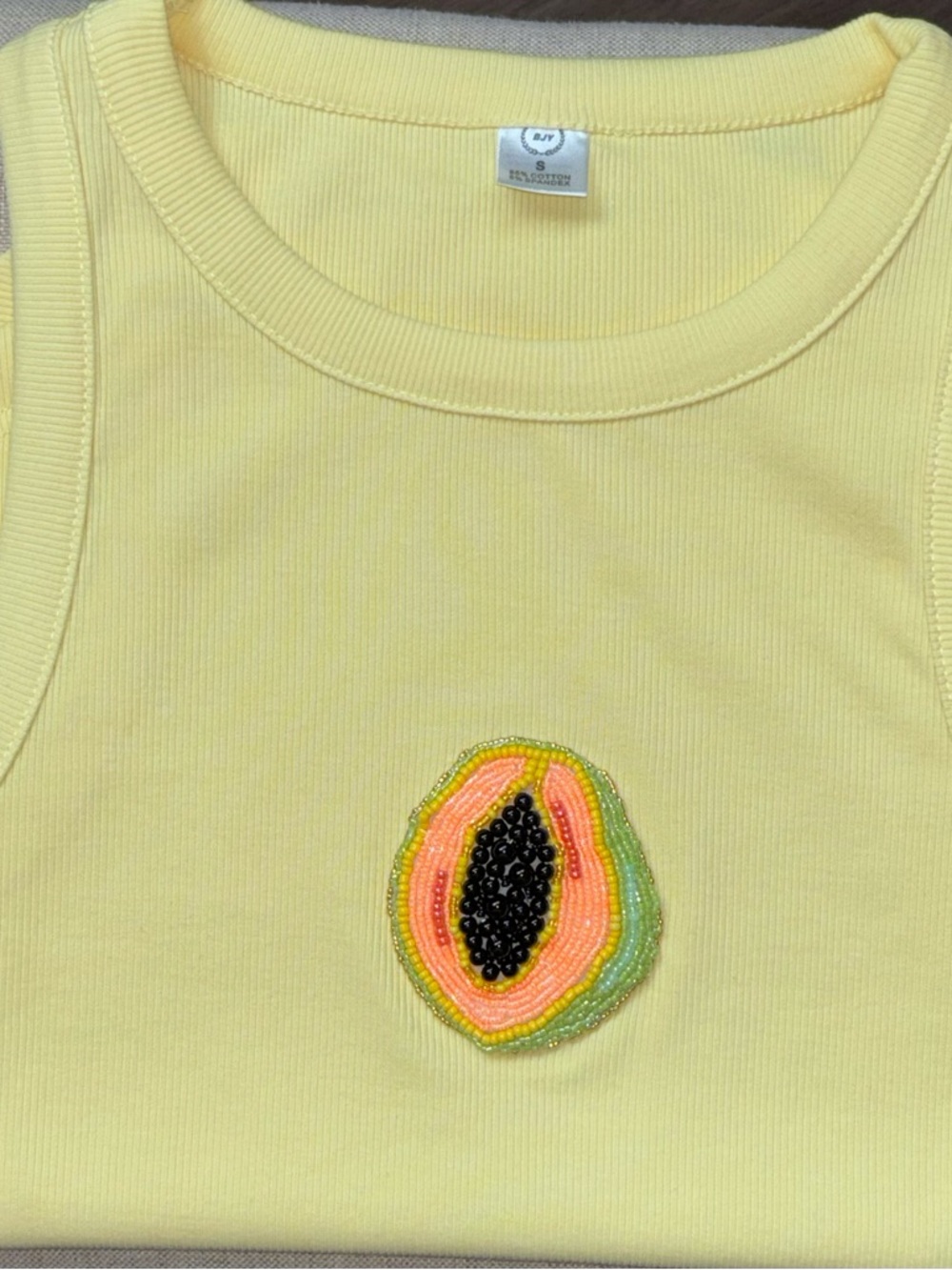 Women’s / Girls Ribbed Tank Top with Beaded Fruit Applique - Light Yellow